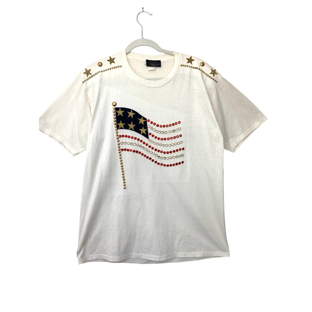 Vintage 80's Clodia Dee Beaded Gem Patriotic USA American Flag Bedazzled T-Shirt